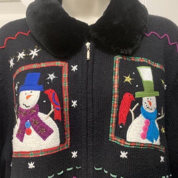 Vintage Studio Joy Snowman Christmas Sweater Jacket 1X Black Faux Fur Collar - Picture 3 of 9